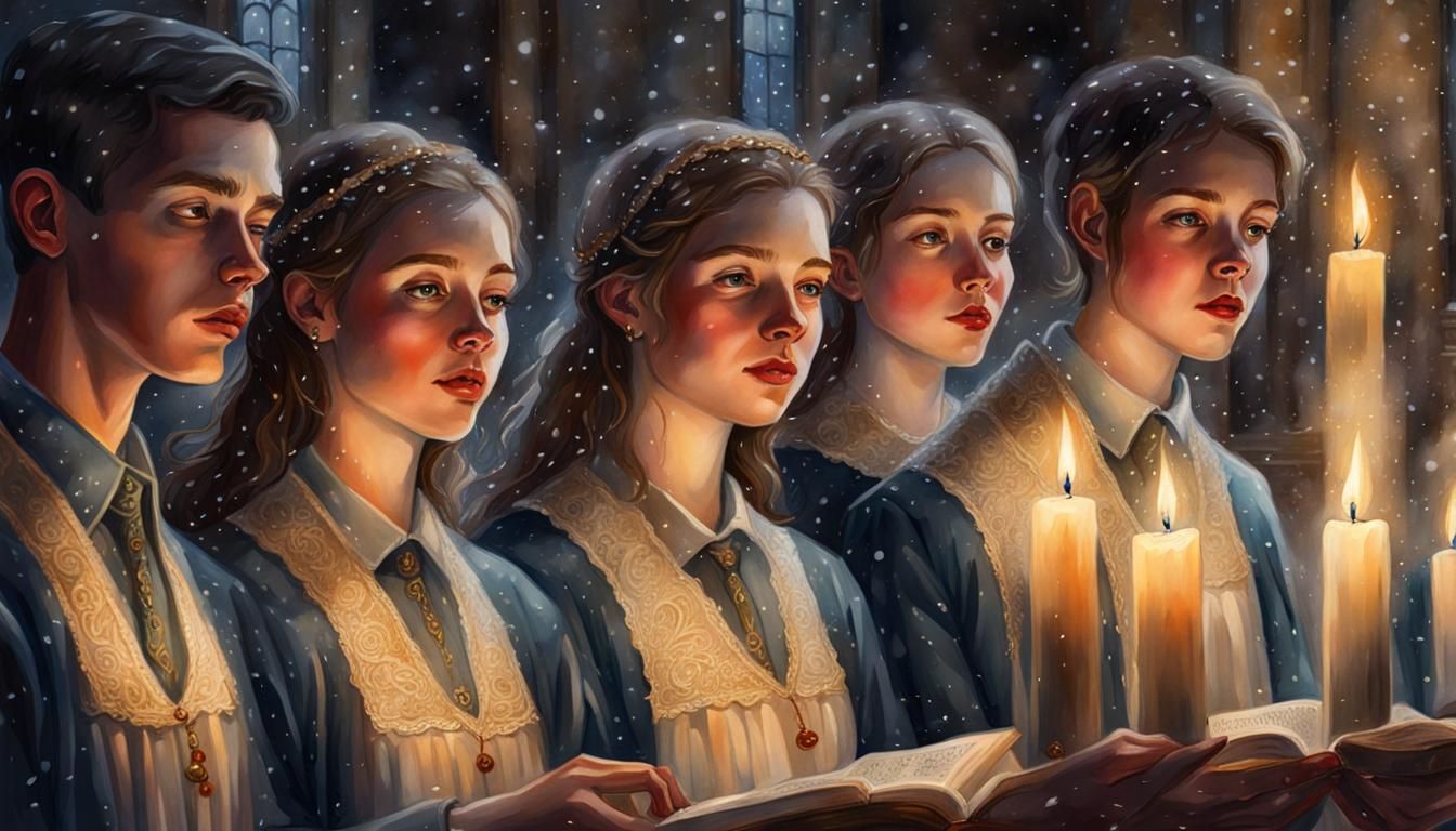 Teenagers Singing Christmas Hymns: Watercolor Art