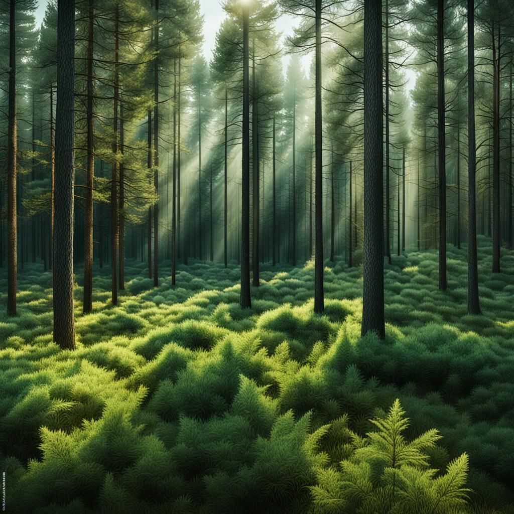 Sunlit Coniferous Forest Scene