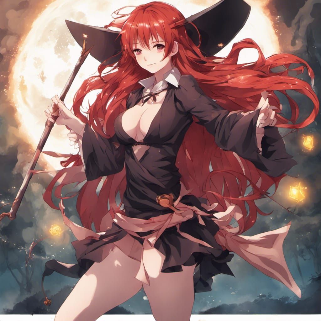Red-Haired Witch Girl with Magic Staff in Anime Style