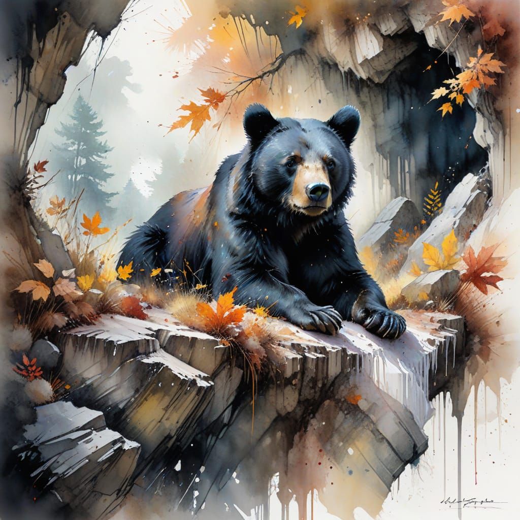 Black Bear Resting at Cave Entrance in Autumn