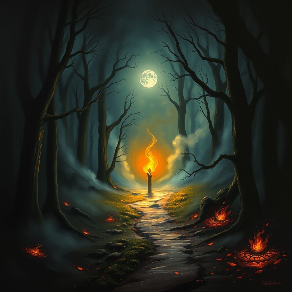 Ethereal Flame Lights Mystical Path in Stormy Forest