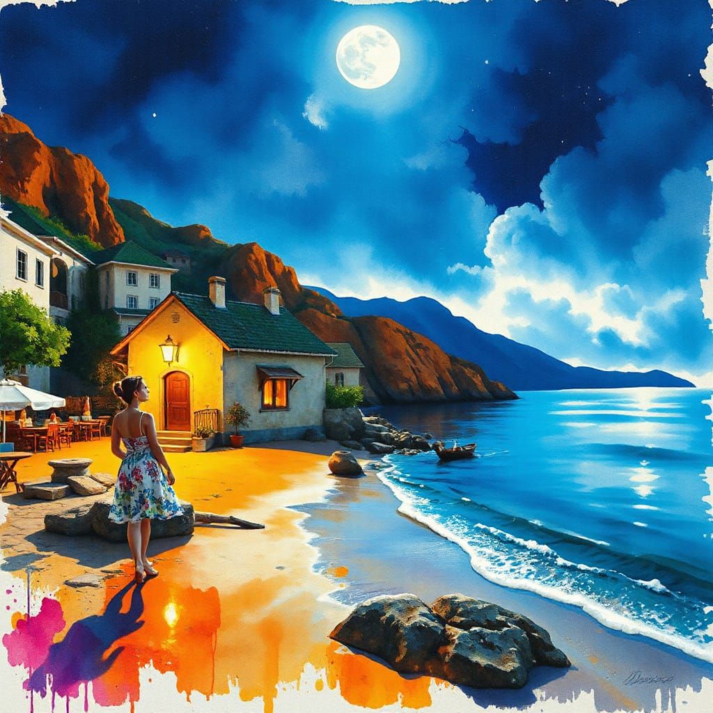 Moonlit Serenity: Ukrainian Woman on a Beach