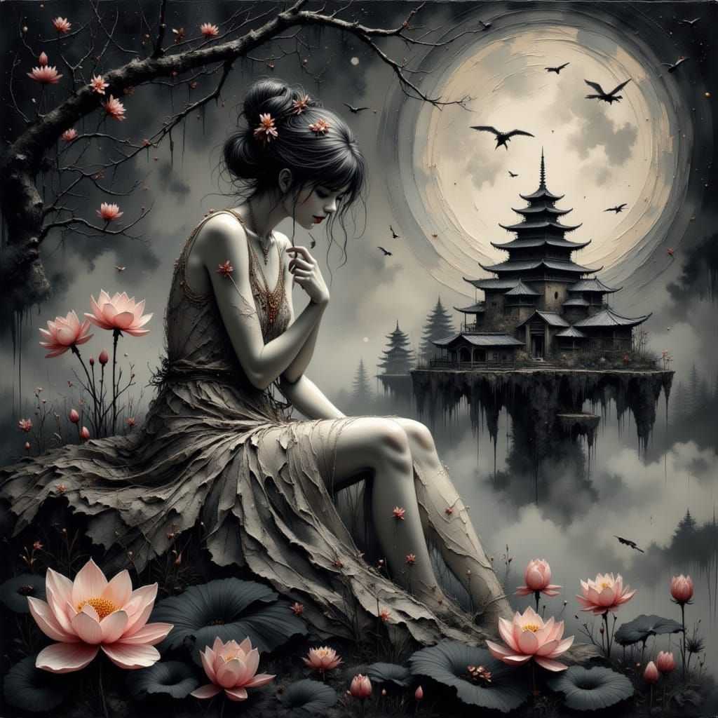 Ethereal Japanese Goddess in Spectral Castle Oil Painting