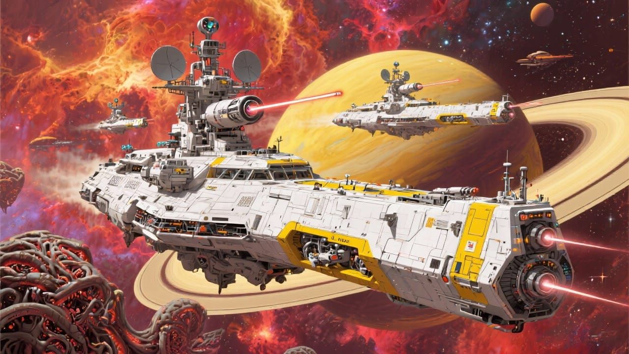 Retro-Futuristic Space Dreadnaughts Near Ringed Planet