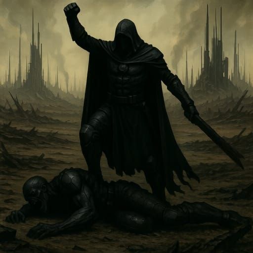 Victorious Shadow Hero in War-Torn Landscape