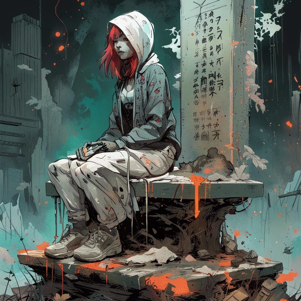 Ghost Girl on Tombstone in Digital Art Style