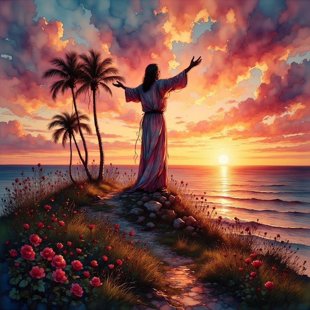 Christ the Redeemer at Sunset Over Ocean