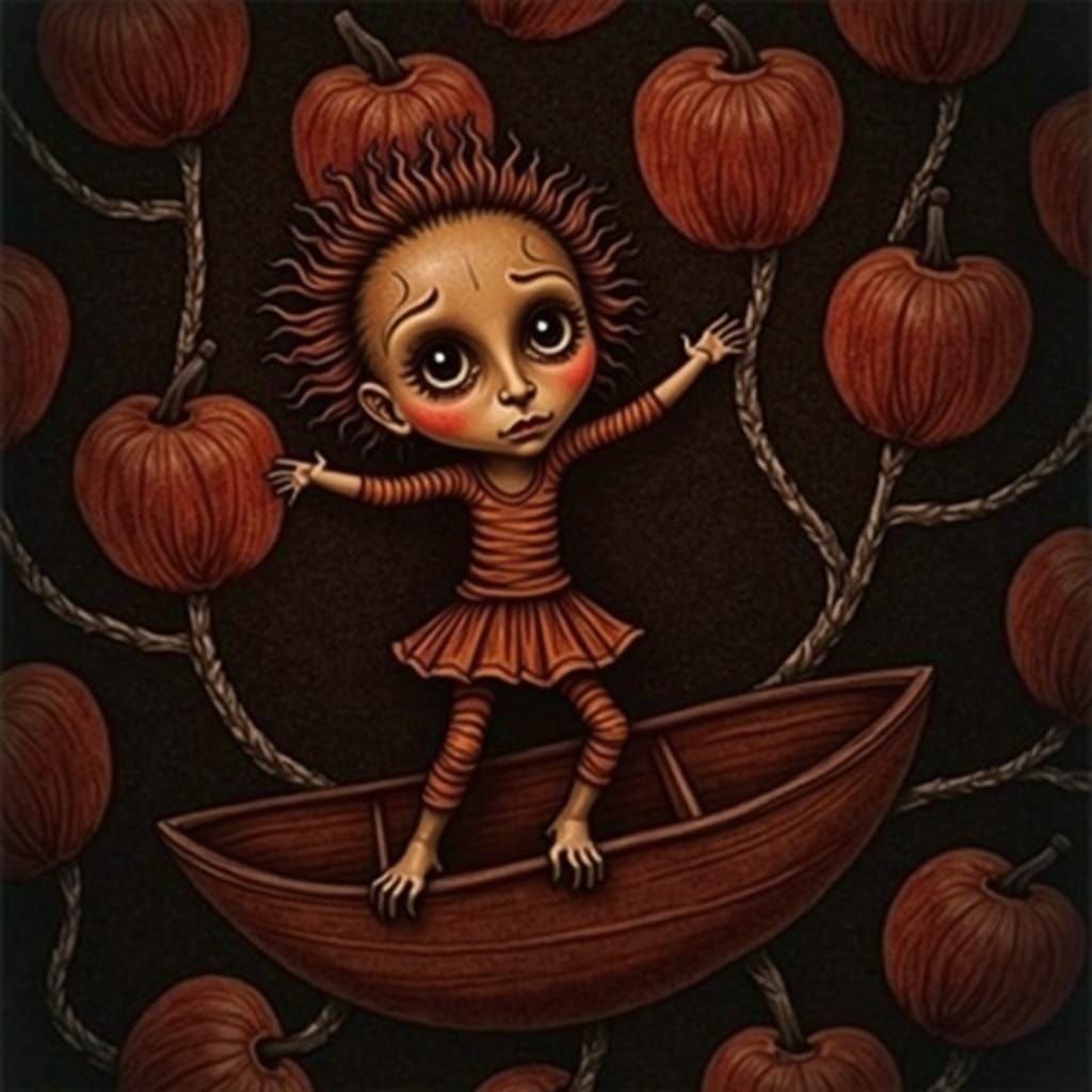 Etching of Man in Tattered Clothes on Sailboat Chasing Witch