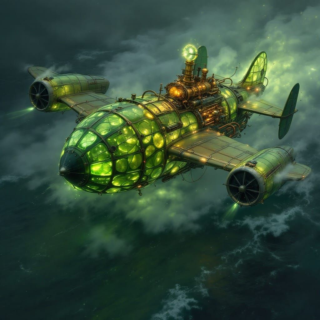 Majestic Steam-Powered Seaplane in Ethereal Green Glow