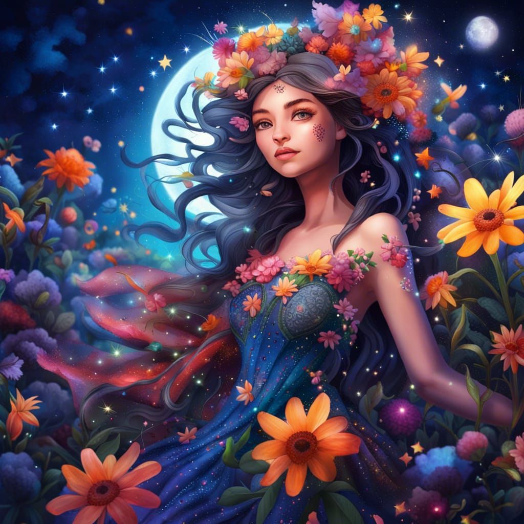 Vibrant Flower Fairy in Starry Night Sky