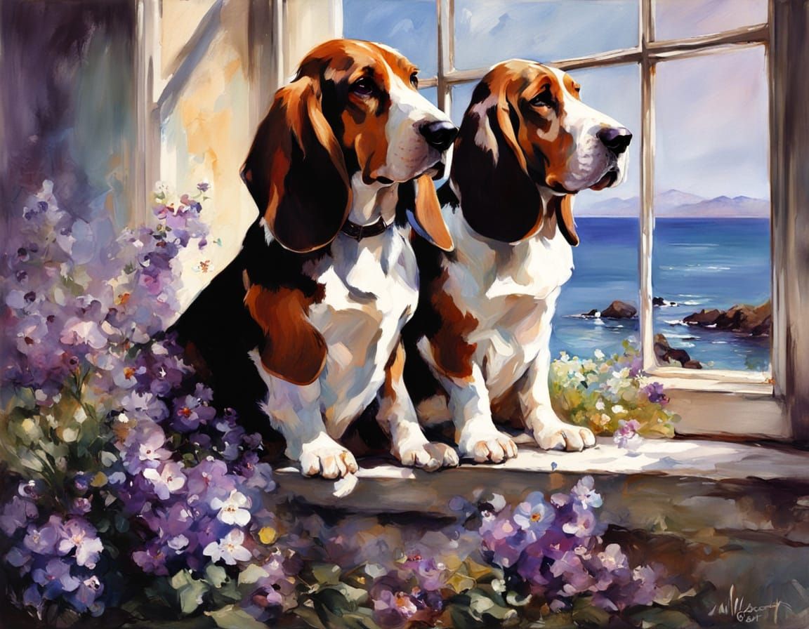 Basset Hounds by Ocean View Window, Purple Flowers