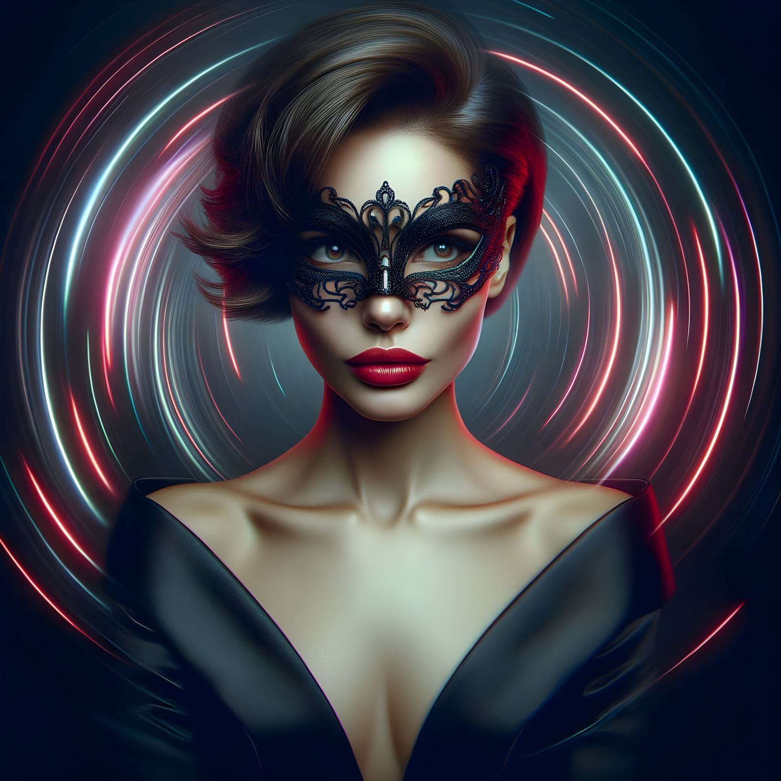 Woman in Masquerade Ball Mask Amidst Neon Lights