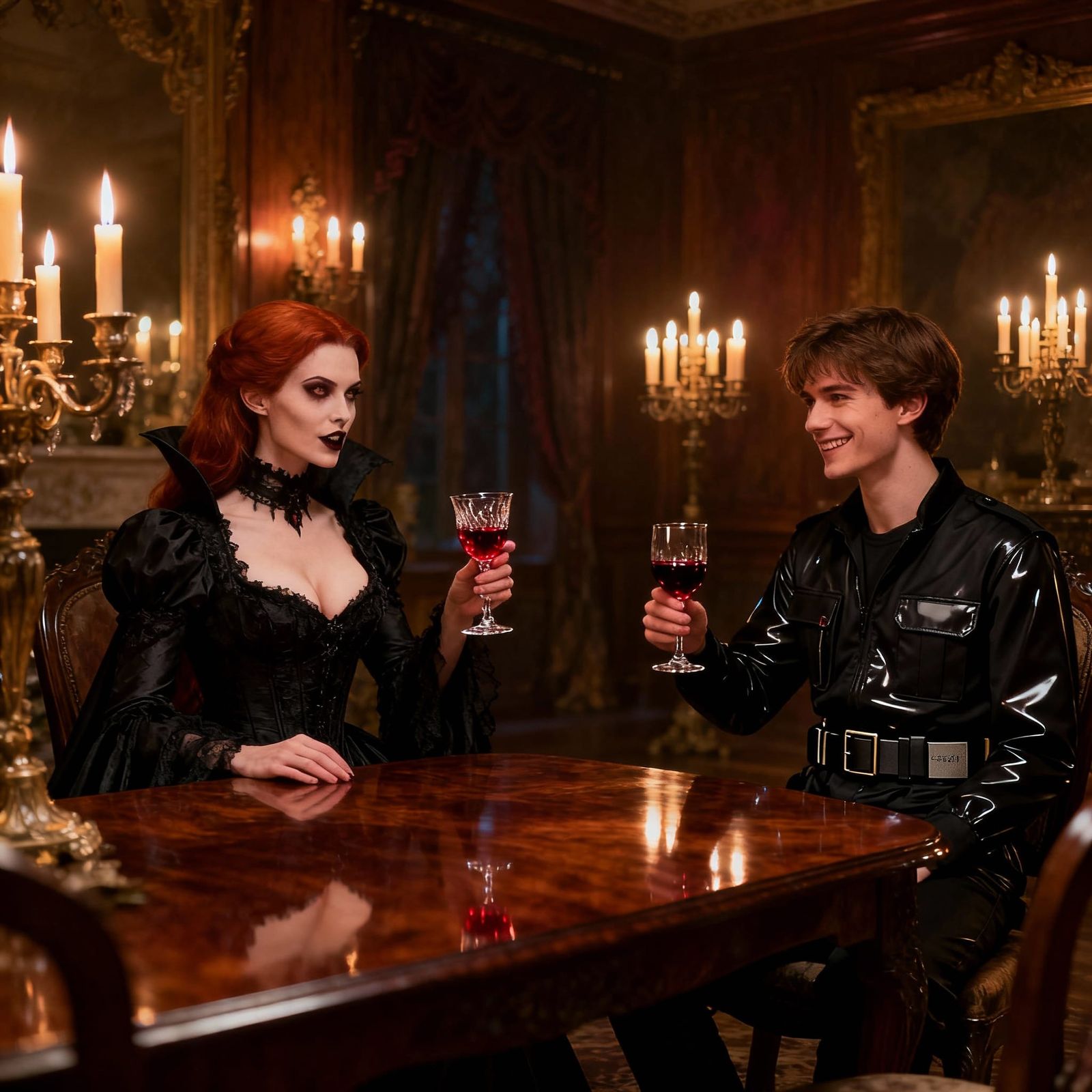 Vampire Woman and Man Dine in Opulent Candelabra-Lit Room