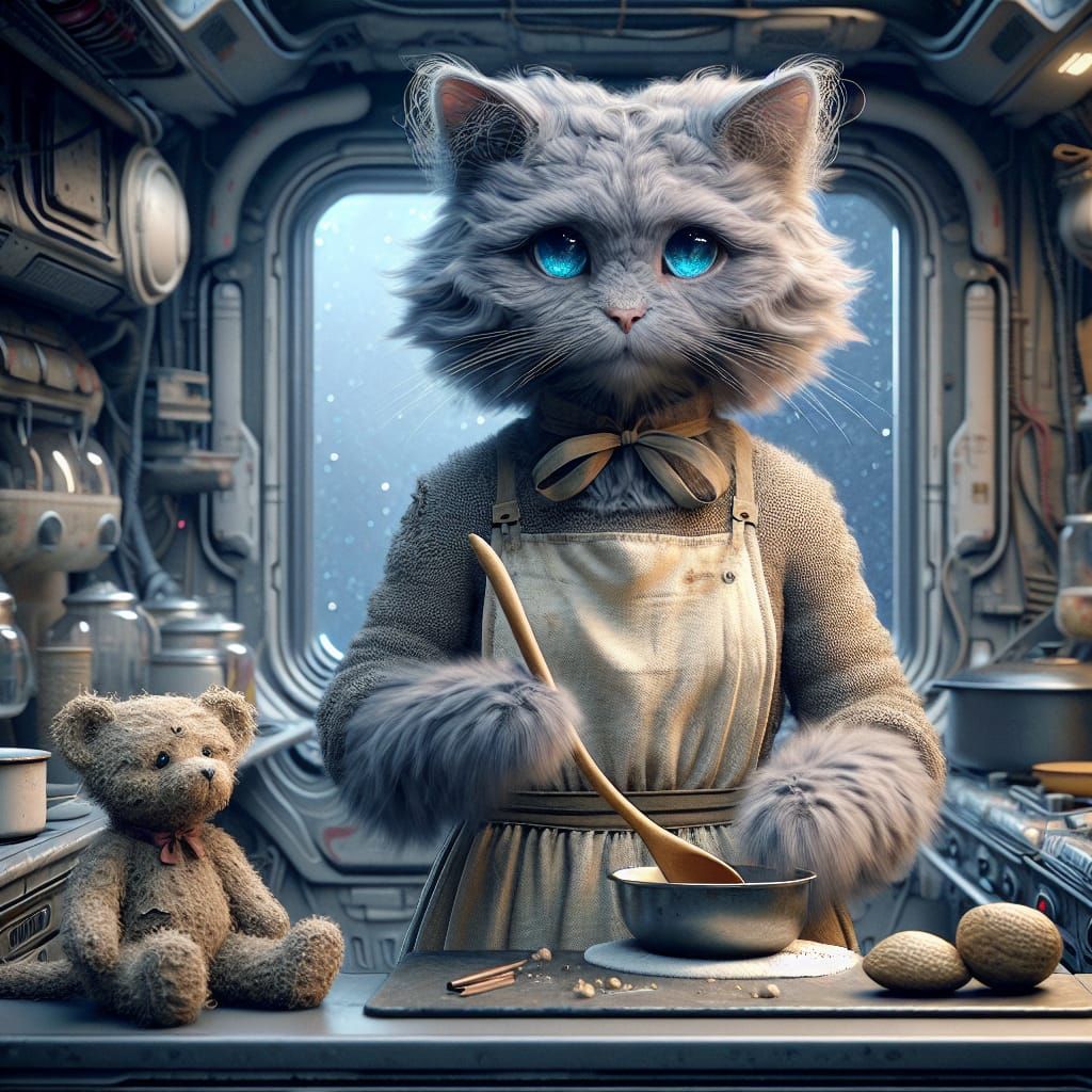 Catgirl Chef in Sci-Fi Kitchen: Impressionistic Digital Art