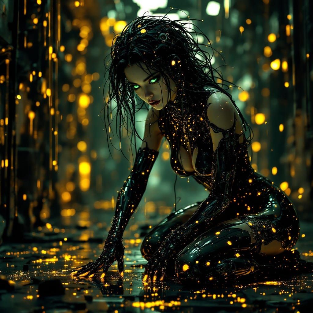 Surreal intricate Mysterious Android Woman Pin-up kneeling in bioluminescent gold black glow ...