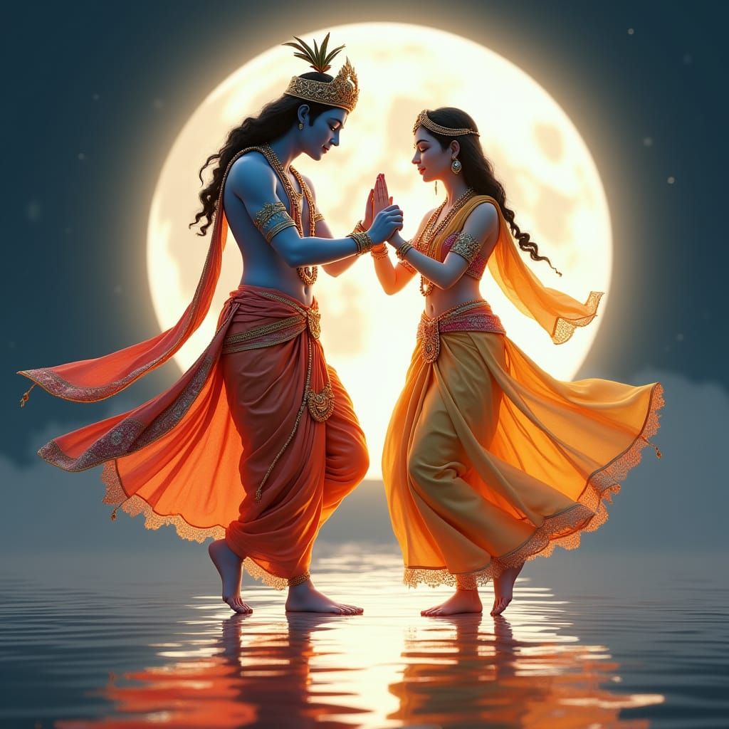 Lord Krishna and Radha Dance on the Moon in Vibrant Anime St...