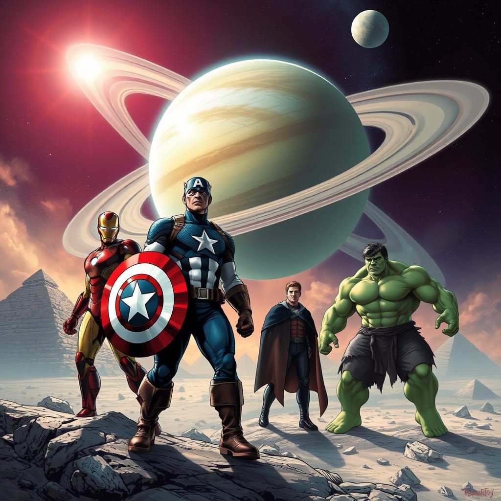 Marvel Heroes on Titan, with Saturn in the Background, in Co...