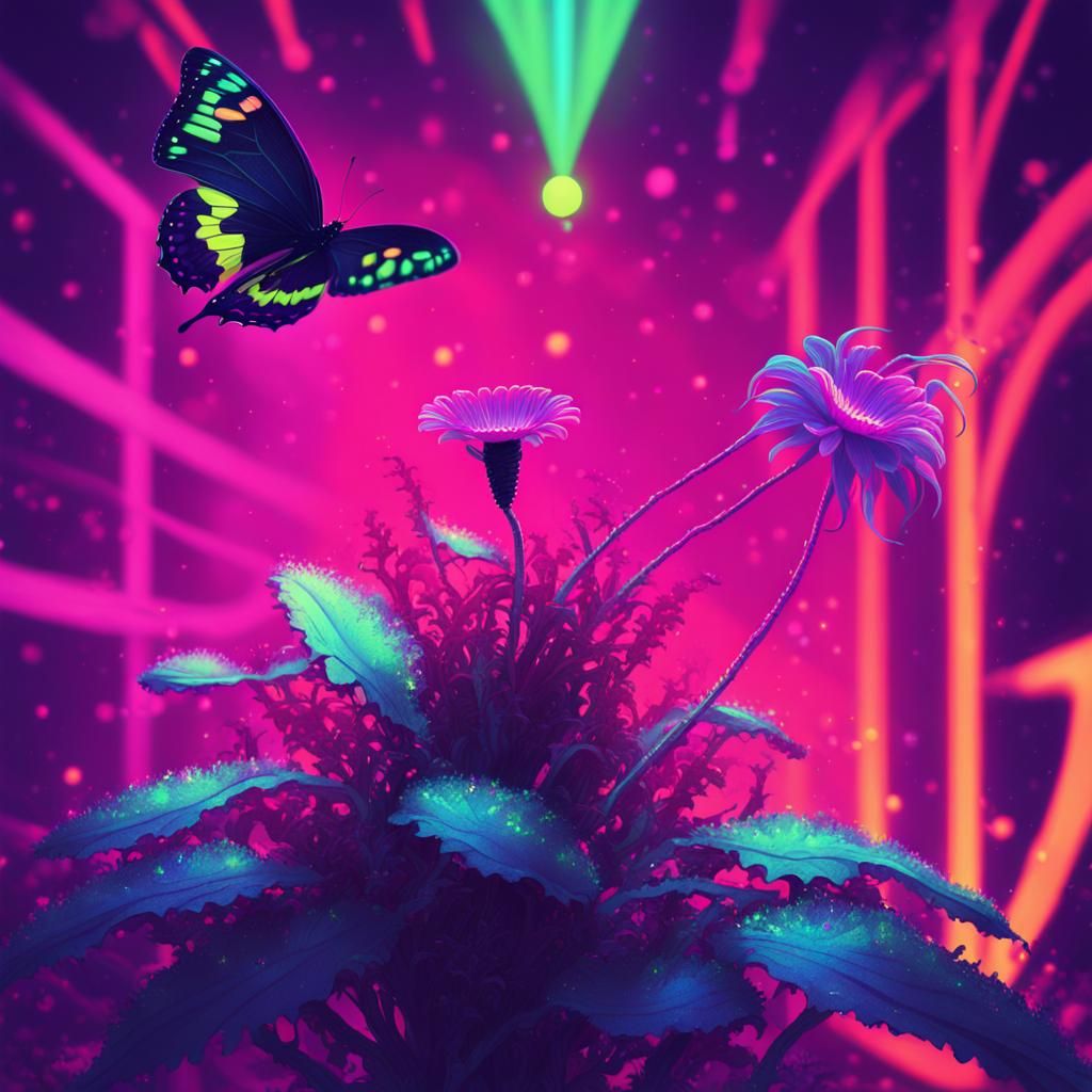 Neon Butterfly and Venus Flytrap in Glitchcore Style
