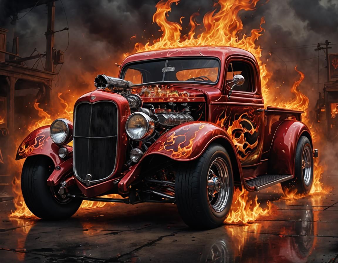Fiery Red Hot Rod Pickup Truck Digital Painting