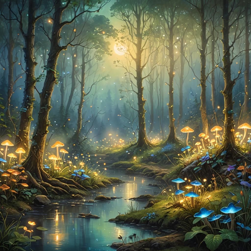 Ethereal Fantasy Forest at Night: Hyperdetailed Painting