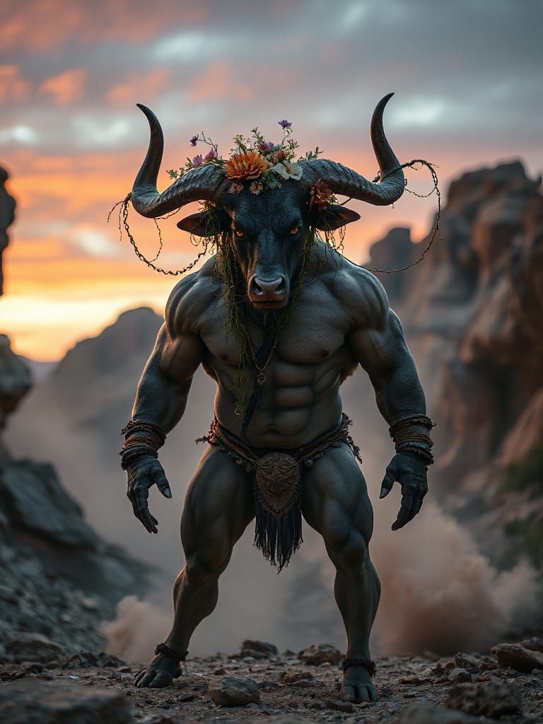 Gorgon-Bull Hybrid Creature in Dark Fantasy Style