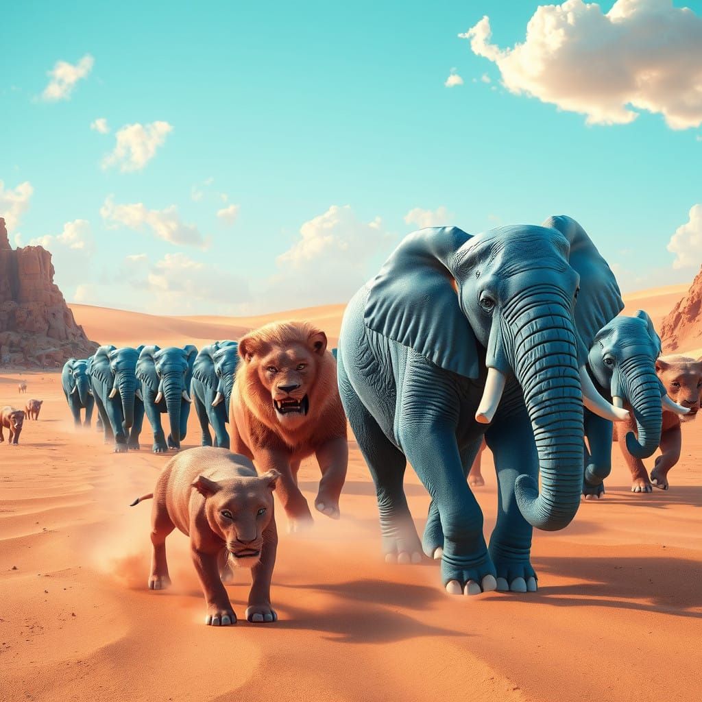 Majestic Blue Elephants vs Fierce Pink Lions in the Desert