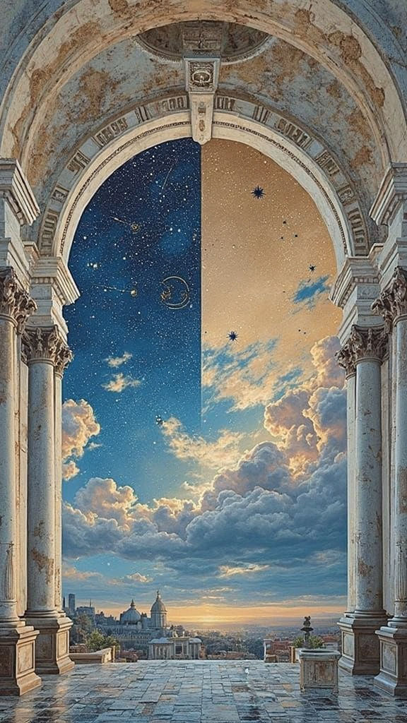 Surreal Roman Ruins Suspended in Cloudy Sky