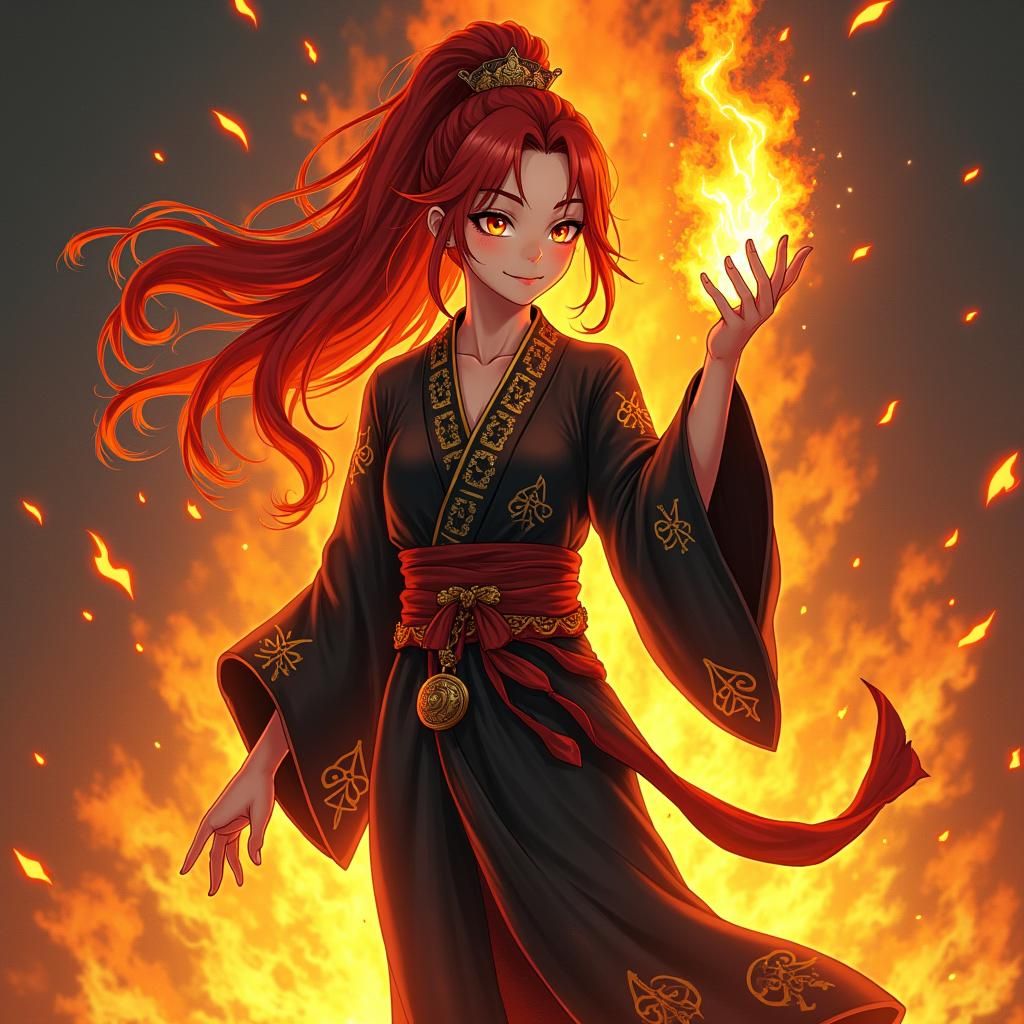 Anime Girl Pyrokinesis Master in Fiery Landscape
