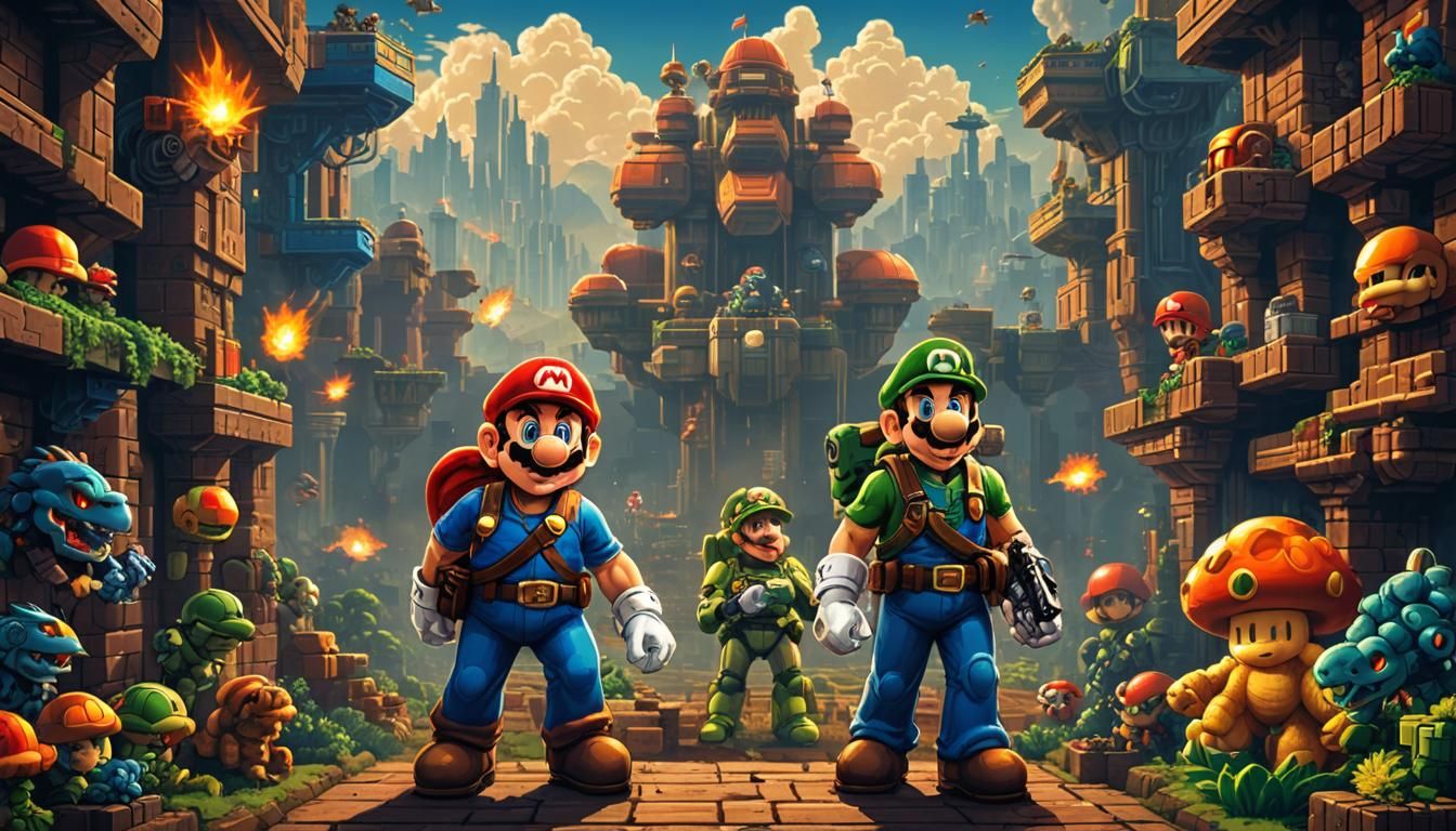 Mario and Master Chief in 8-Bit Pixel Art