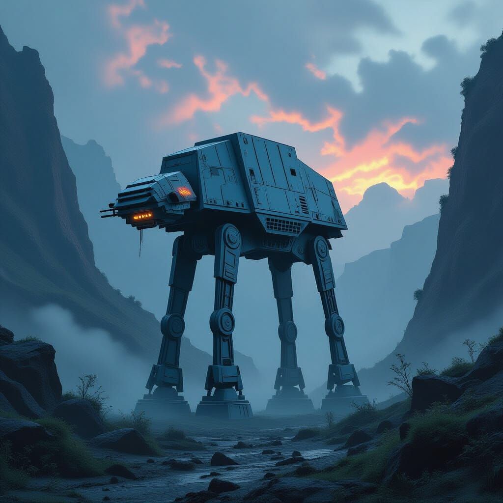 Weathered AT-AT Walker in Alien Canyon Landscape