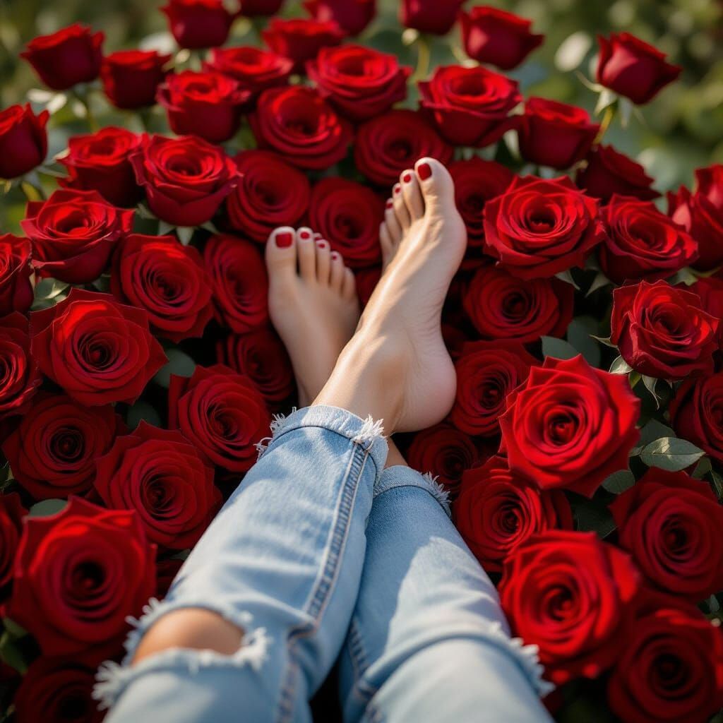 Legs Resting Among a Pile of Red Roses