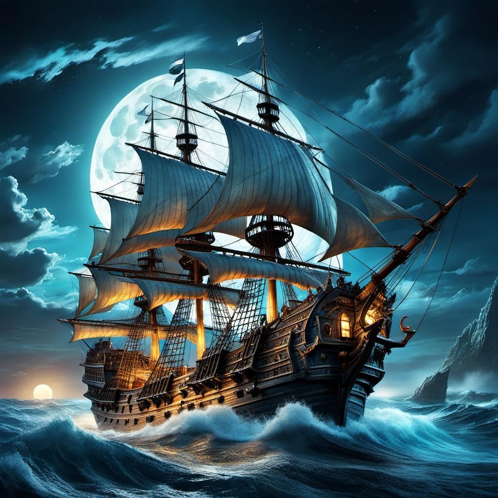 Epic Fantasy Galleon Sails Under Full Moonlit Waves in a Vib...