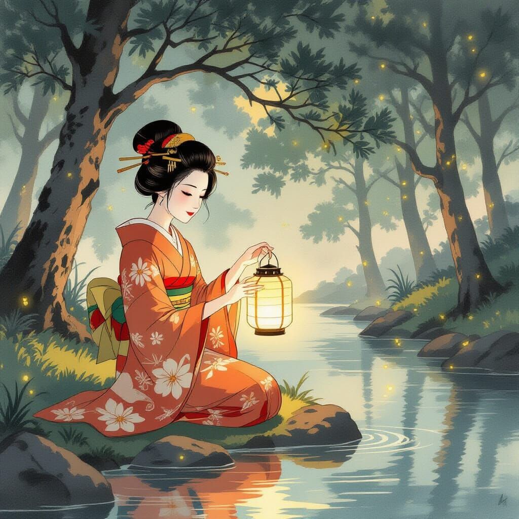 Yokai Woman by River in Ukiyo-e Style