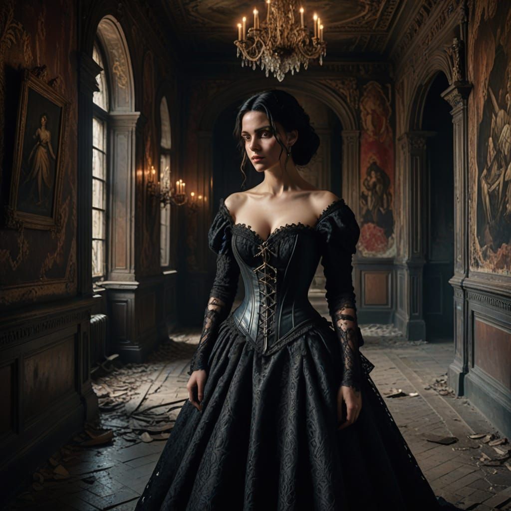 Woman in Gothic Glamour Amidst Abandoned Castle Grandeur