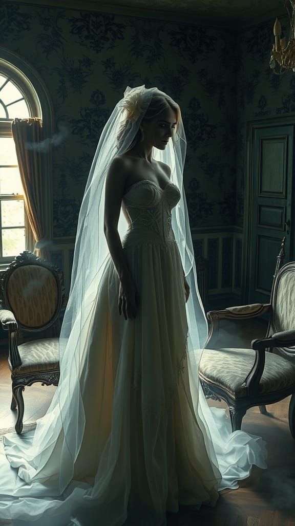 Vengeful Spirit in a Decaying Mansion**
 a female specter sh...