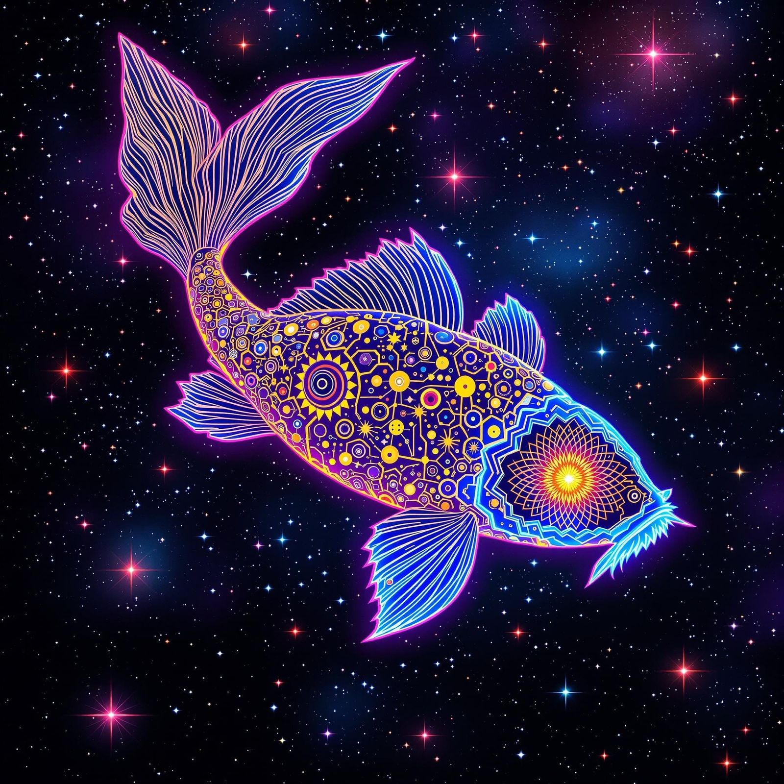 Cosmic Koi Carp in Psychedelic Fractal Style