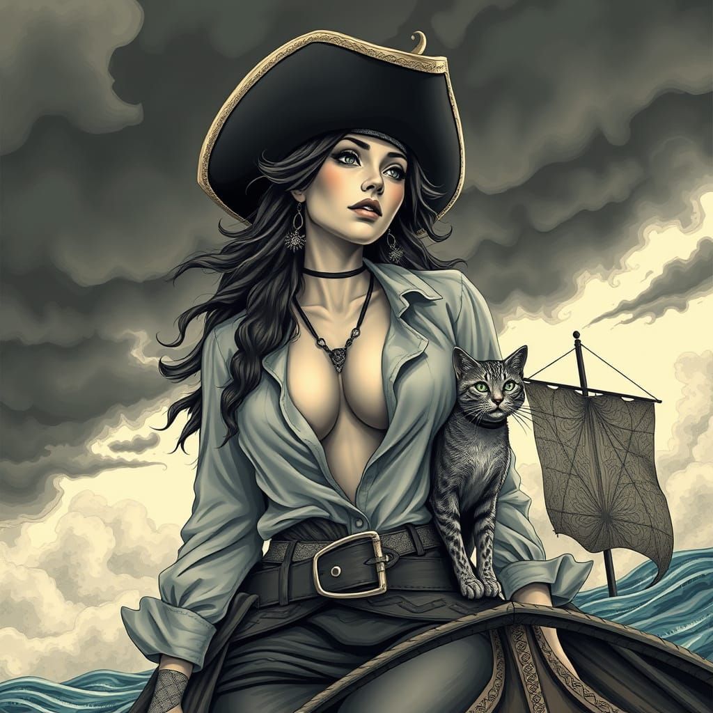 Fierce Female Pirate with Cat in Abstract Vector Style