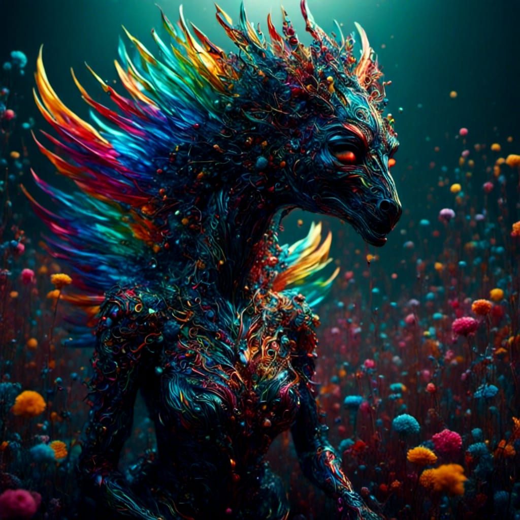 Terrifying Rainbow Sparkle Creature in Surreal Fantasy