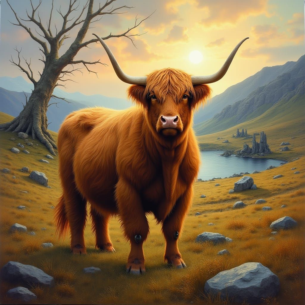 Surreal Highland Coo in Scottish Landscape, in the Style of ...