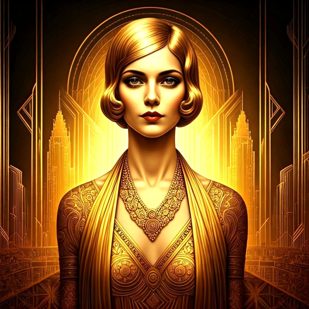 Art Deco Golden Sculpture of a Woman in Cityscape