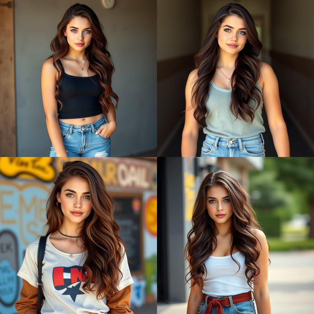 texan style teenage woman has long wavy dark brown hair blue...