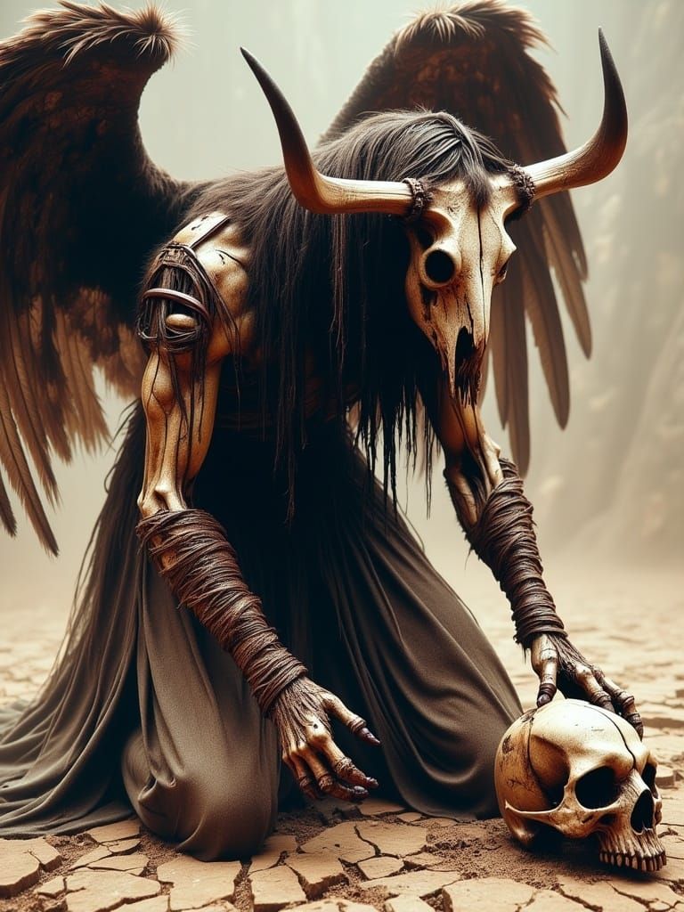 Morbid Shaman Angel Collects Human Skull in Dark Surreal Lan...