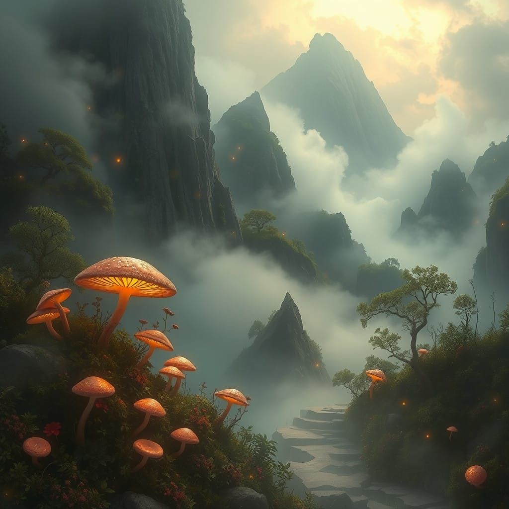 Whimsical Fantasy Landscape with Glowing Mushrooms and Misty...