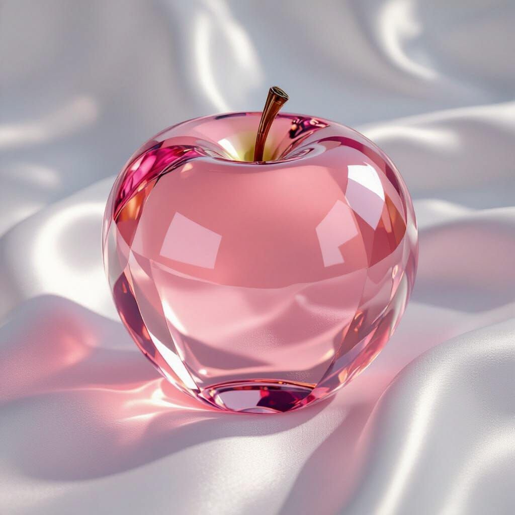 Pink Crystal Apple on Silk in Hyperrealistic Rendering