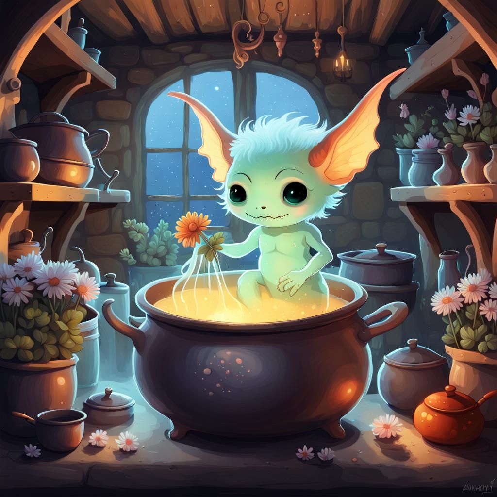 Glowing Imp in Medieval Kitchen, Digital Illustration