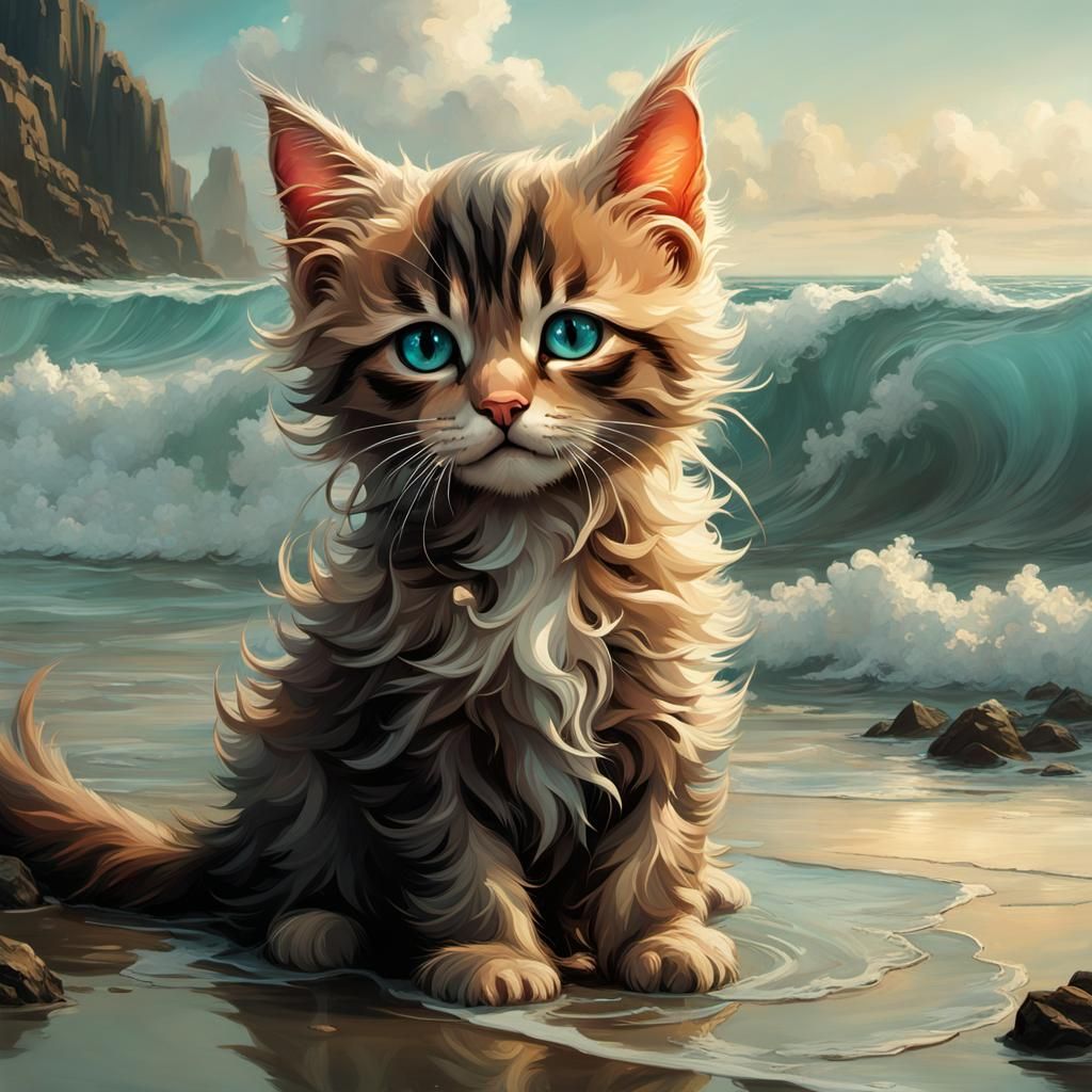 Mythical Kitten Portrait on Beach, Digital Art