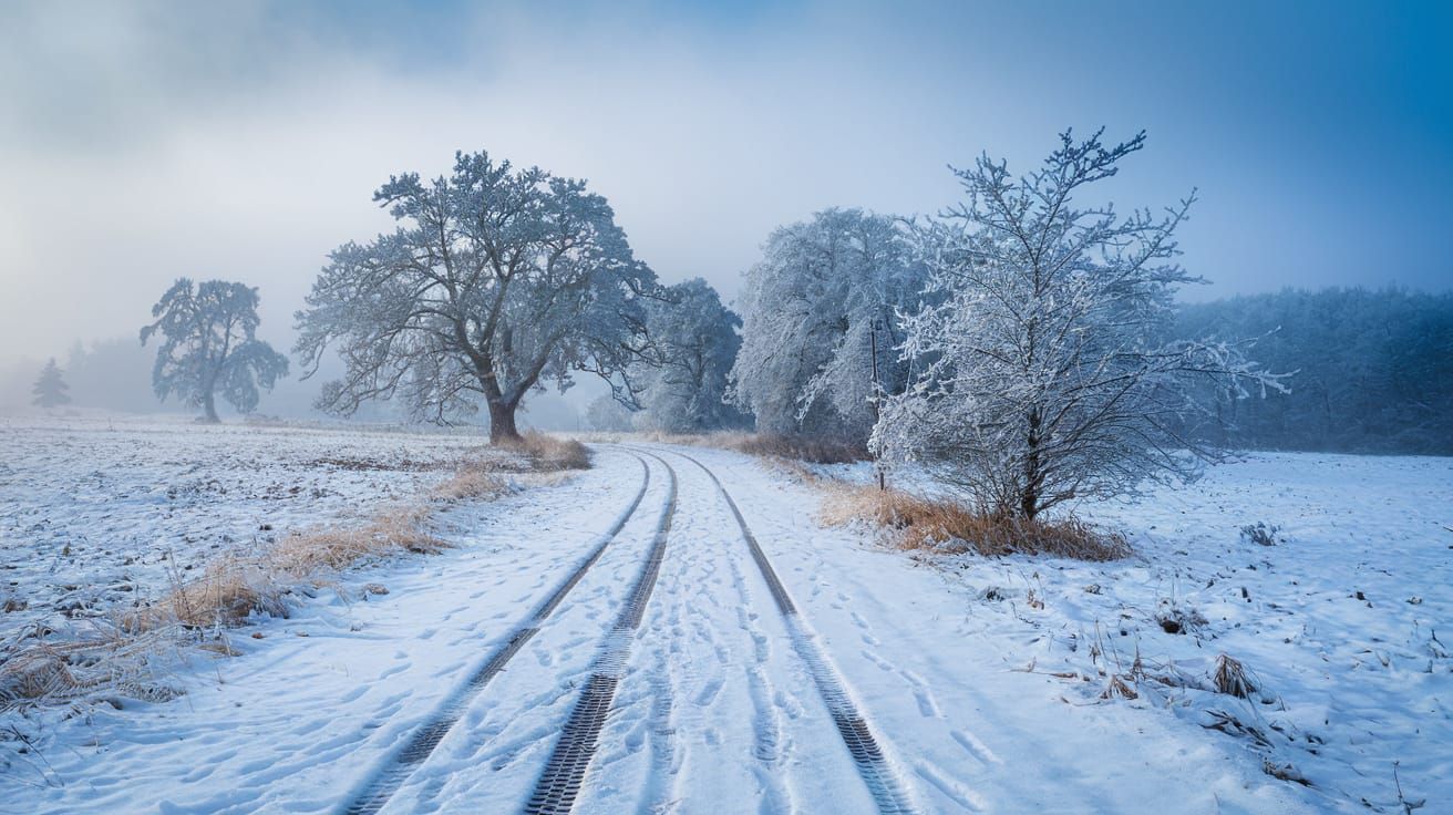 Winter Wonderland Scene with Snowy Path and Trees