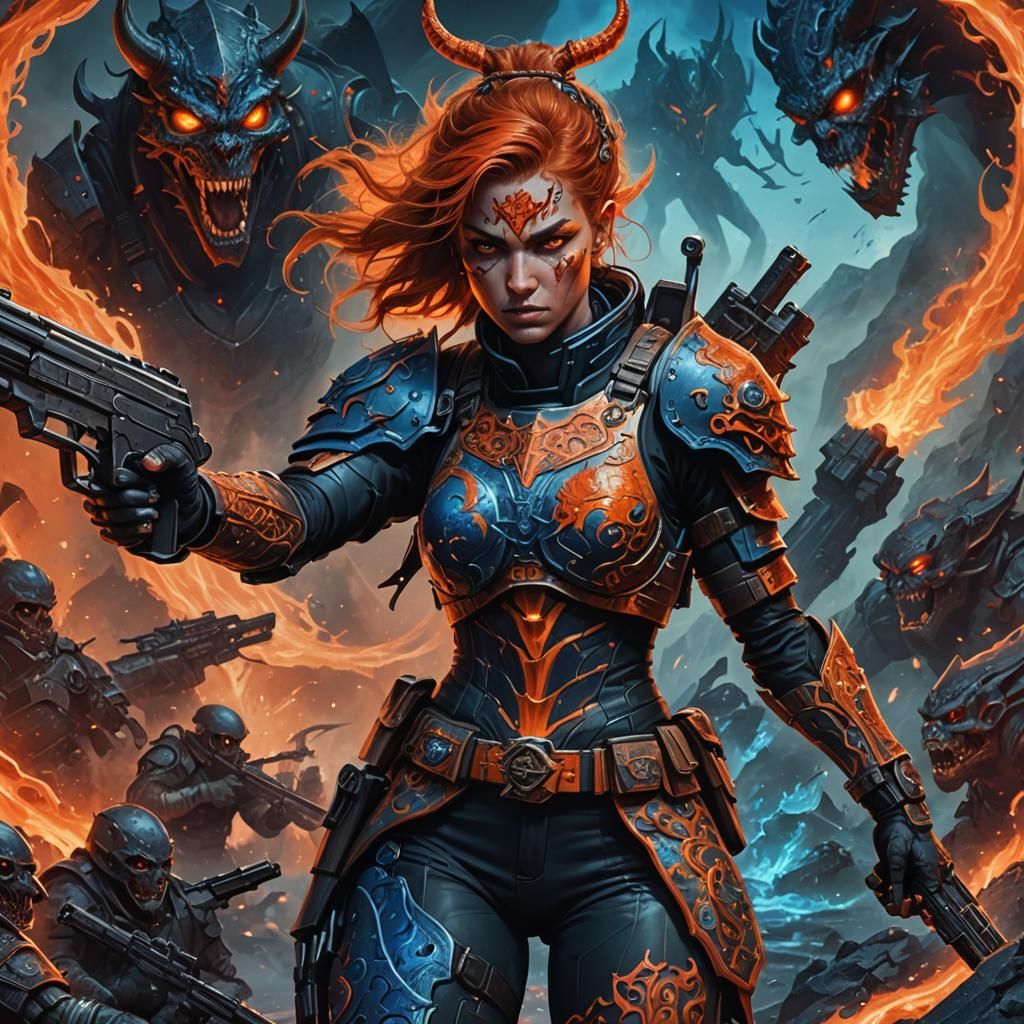 Lady Soldier in War Against Devil: Fantasy Illustration