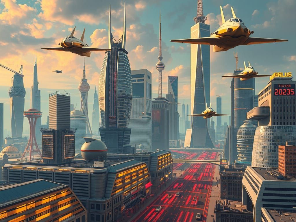 Retro-Futuristic Metropolis of 2025 in Vibrant Pulp Style