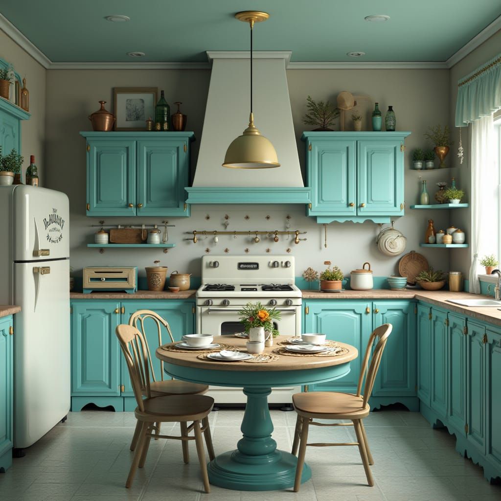 Vintage Tiffany Blue Kitchen in 3D Rendered Scene